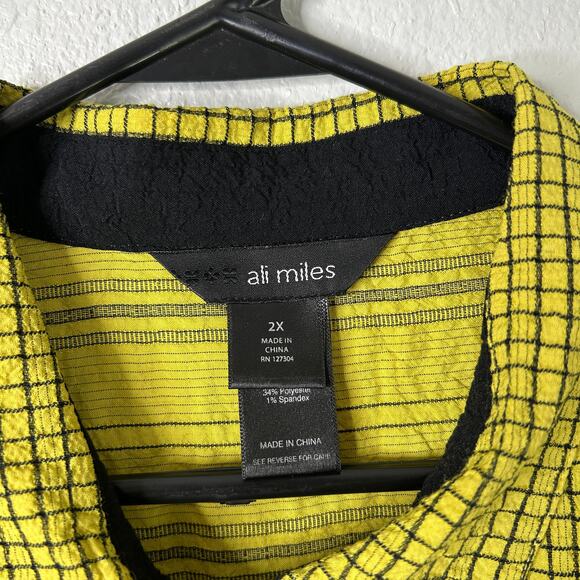 Ali Miles Wearable Art Asymmetric Tunic Citron 2X Crinkle Striped Button Blouse - Picture 6 of 13